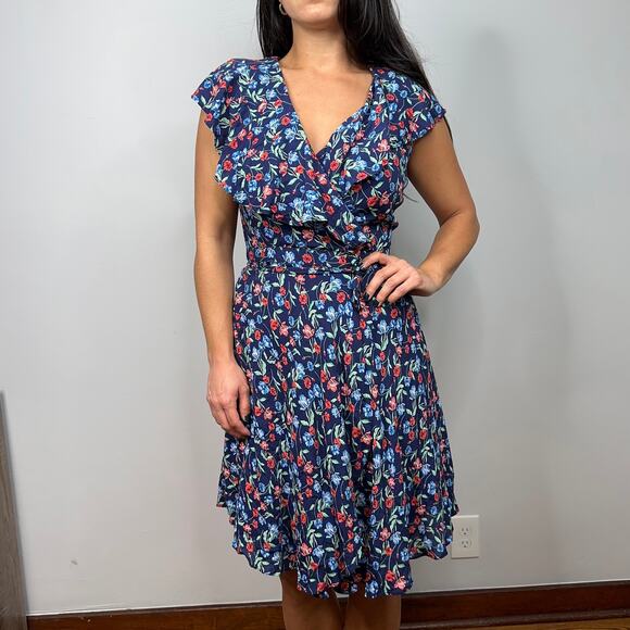 Draper James Blue Floral Ruffle A-Line Wrap Dress - Picture 1 of 9